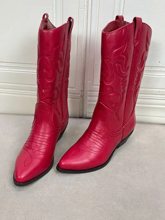 

Faionable Western Boot Women's Pure Color Pointed Toe Mid-Calf Rough Heel Slip-On Boots Versatile for Jeans Spring Autumn W...