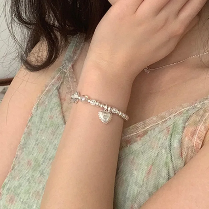 BFCLUB S925 Sterling Silver Bracelets for Women Retro Cute Heart Accessories Trend Vintage Simple Pendant Party Jelwery view 4