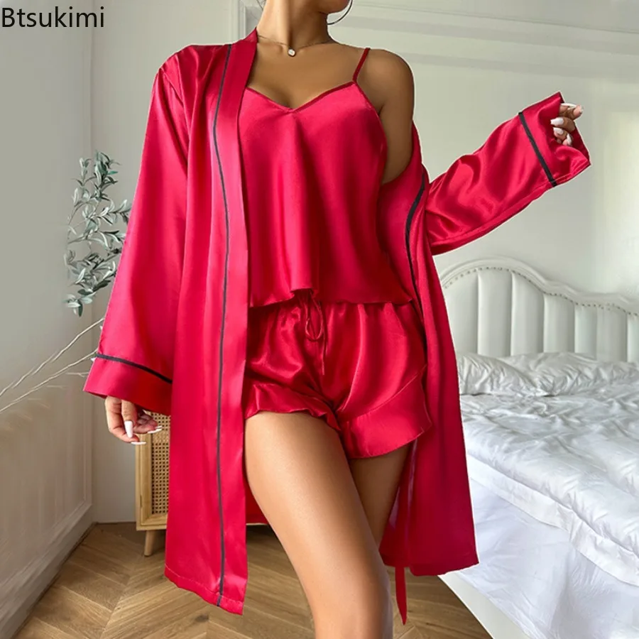 New 2025 Women's Home Three Piece Set V-Neck Spaghetti StrapTops Drawstring Short Cami Set Tied Detail Open Front Robes Ladies