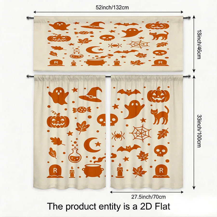 Halloween Fall Kitchen Curtains, Orange Ghost Bat, Digital Print, Kitchen Dining Room, Rod Pocket Polyester, Home Decor