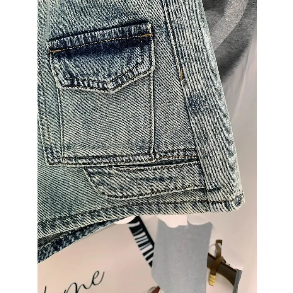 Retro Design Pocket Denim Shorts for Women in Summer New High Waist Loose a Line Wide-leg Hot Pants