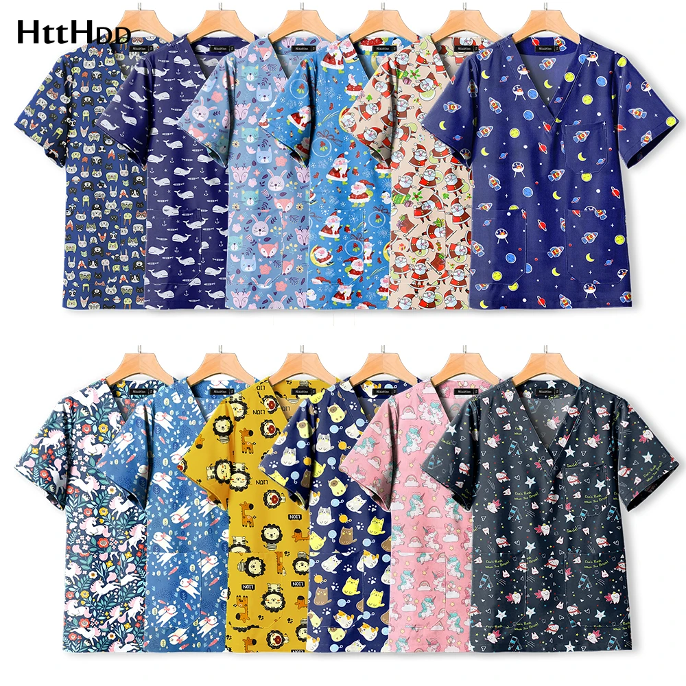 Printing Cartoons Surgical Gown Short-Sleeved T-shirt Cotton Operating Room Doctor Scrub Top Men Overalls Nursing Uniforms Women