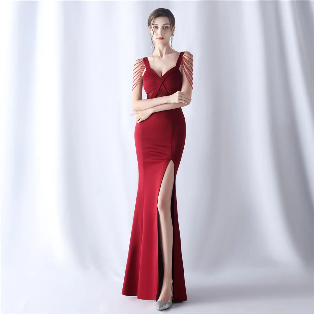 DEERVEADO Sexy Deep V Neck Soft Satin Evening Dress Luxury Beading Party Maxi Dress Women\'s Long Formal Occasion Dress