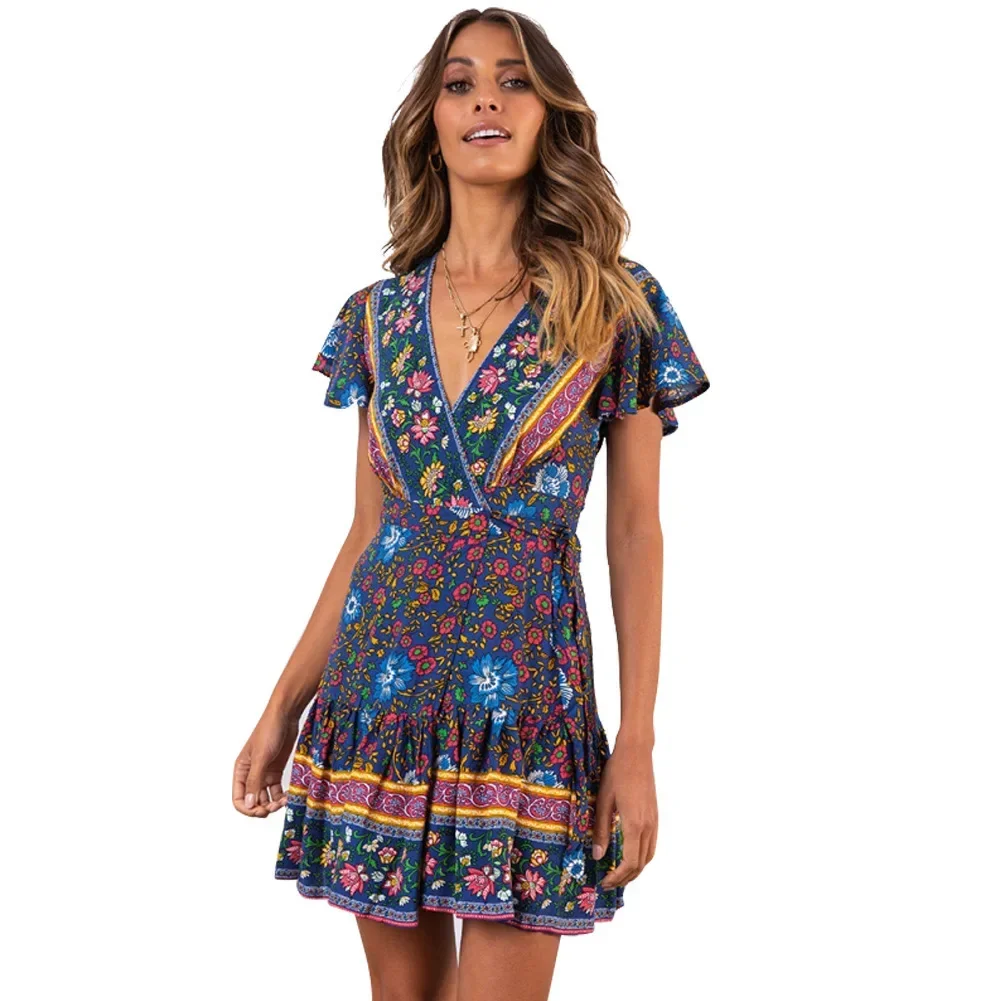 

Women's Clothing New Summer V-neck Dresses Sexy Bohemian Printed Dress Short Skirt Women's Wear