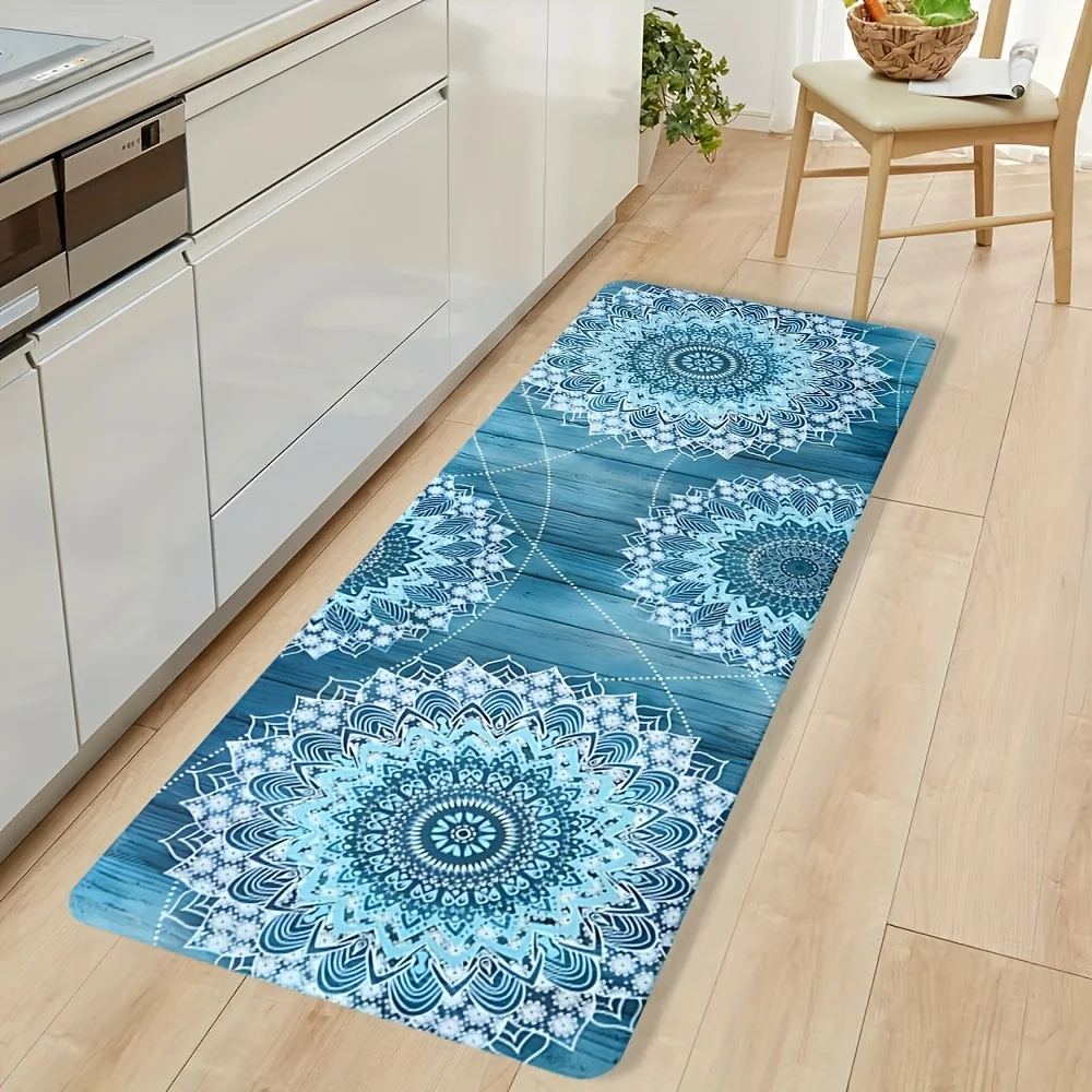 Blue Wooden Board Mandala Runner Rug  Bohemian White Floral Mandala Print Non Slip Kitchen Long Floor Mat