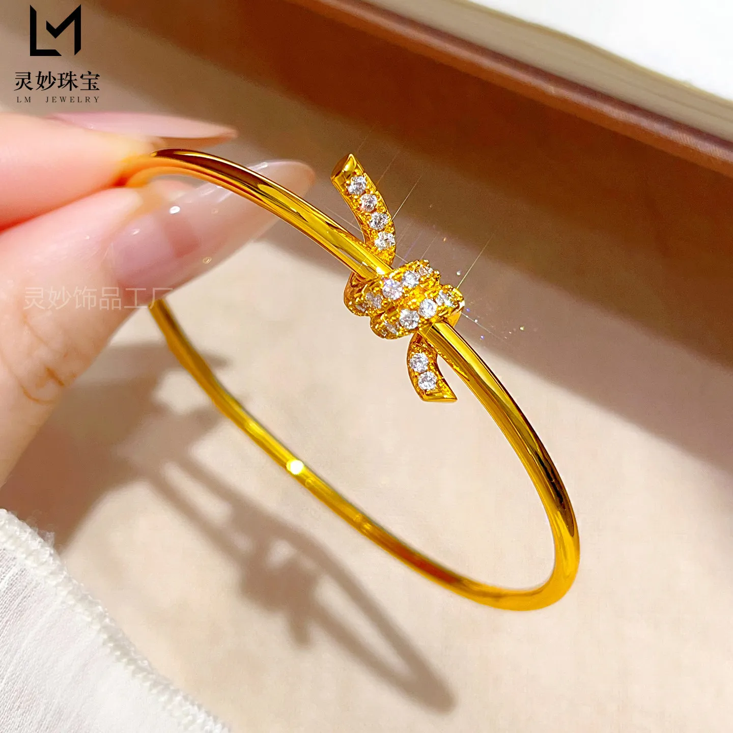 Luxury 9999 24K Solid gold certifid point diamond rope knot shiny fine circle bracelet flash diamond bracelet for women