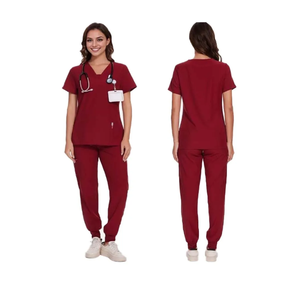 Elastic Medical Nurse Uniform Scrubs for Women V-Neck Top & Cargo Pants Scrubs Set with Pockets Hospital Clinic Surgery Workwear