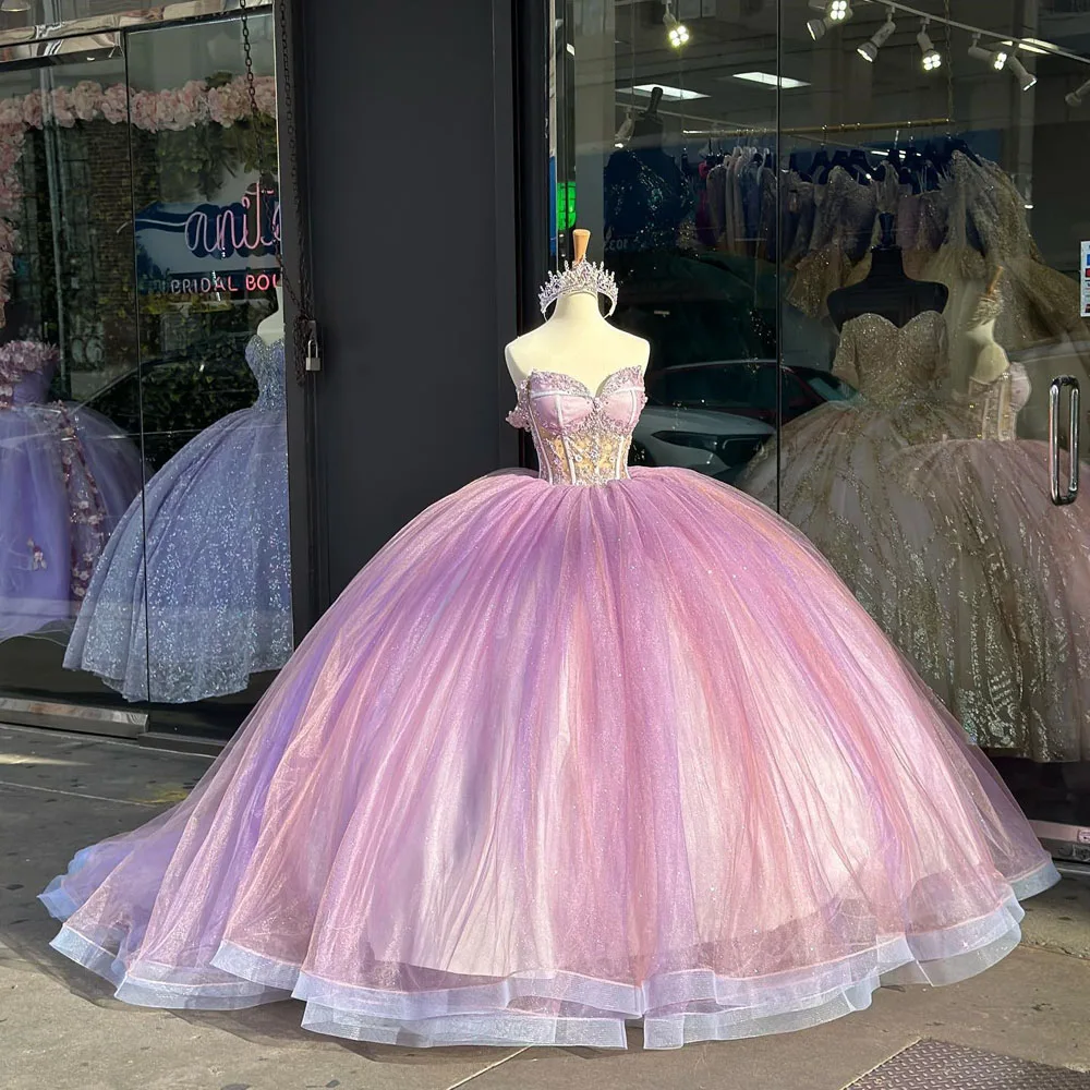 Księżniczka Off The Shoulder aplikacje koronkowy gorset meksykańska sukienka na Quinceanera suknia 3D kwiaty słodkie 16 Vestido De XV Anos