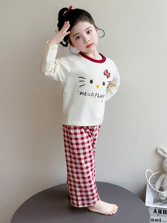 

Комплект пижам для девочек: весенний, с мультяшным принтом, в клетку, повседневная домашняя одежда, с длинным рукавом, круглым вырезом, свободного кроя, из двух предметов, с завязками