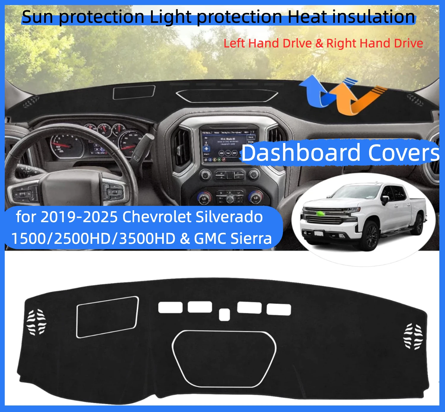 Flannel Dashboard Cover for 2019-2025 Chevrolet Silverado 1500/2500HD/3500HD & GMC Sierra - UV Sun Shade Anti-Glare Mat
