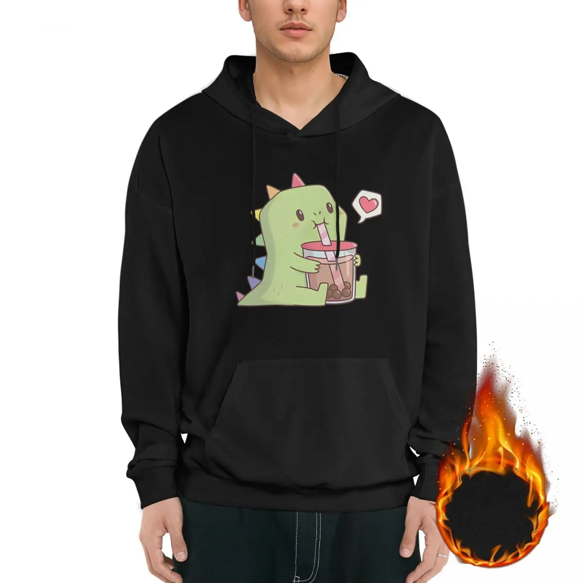 Cute_Dino_with_Rainbow_Spikes_Loves_Bubble_Tea_Logo Hoodie Mode Herren Neue Freizeit Straßenkleidung