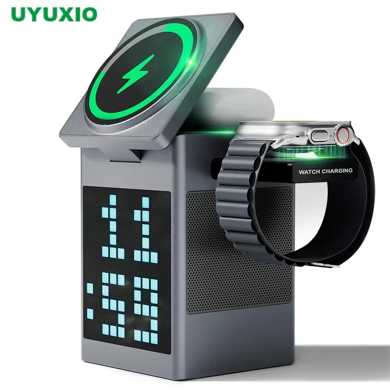 UYUXIO 3 in 1 Magnetic Wireless Charging Station with Bluetooth Speaker Alarm Clock  RGB Pixel Display Fast Charging for iPhone