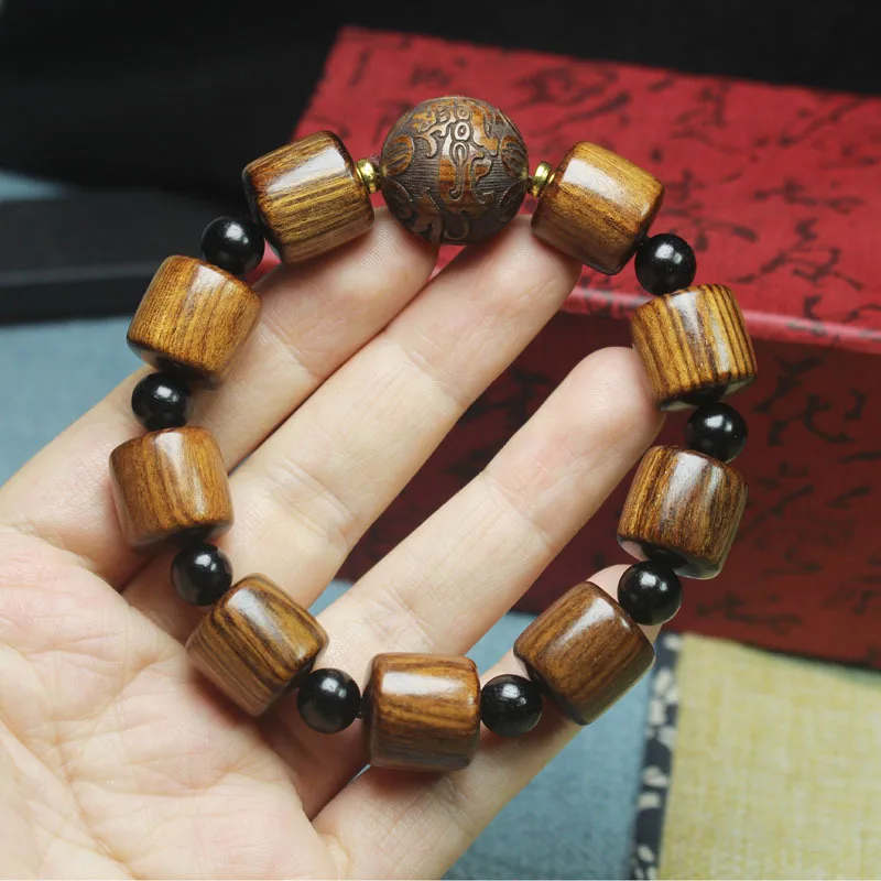 Black rosewood barrel bead bracelet 15mm Buddhist bead bracelet with Pixiu for attracting wealth, unisex prayer bead jewelry gif