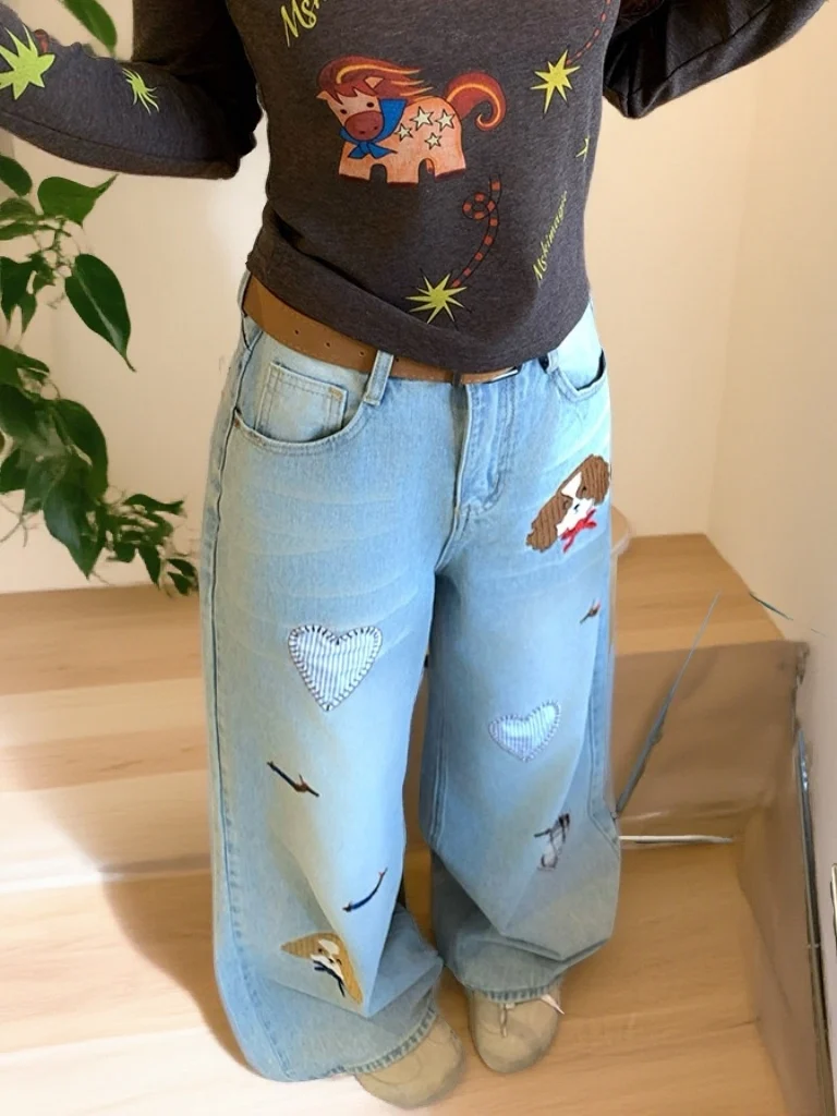 

Женские джинсы с вышивкой в стиле ретро-мультфильмов, широкие, прямые, с эффектом похудения, длинные брюки, весна 2026, новинка, высокая талия, на молнии