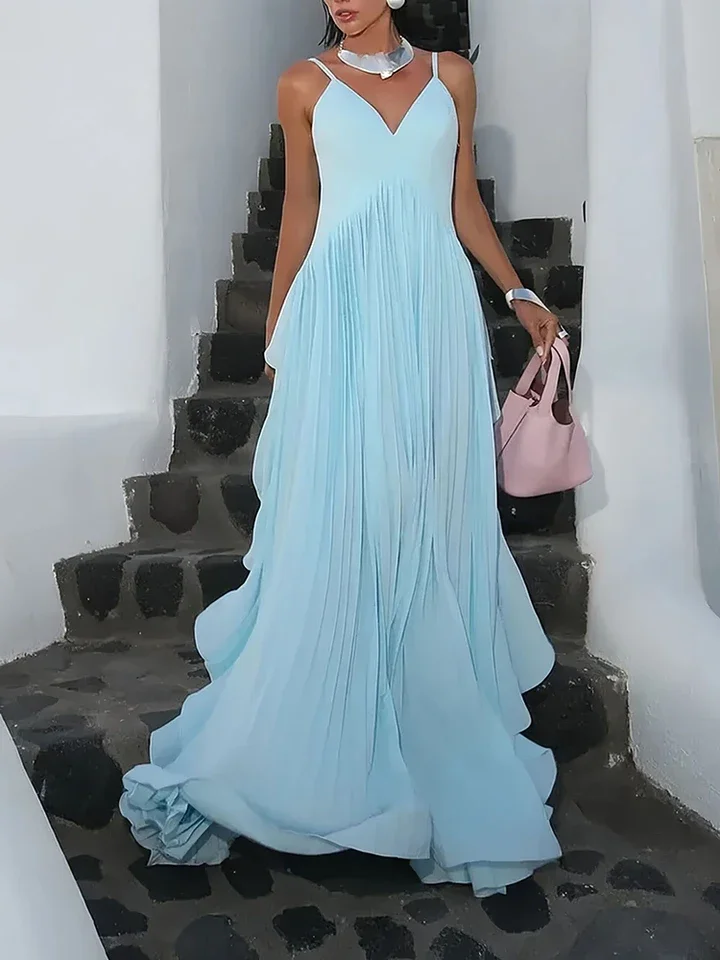 

Summer New Women Commute Robes Luxury V-neck Sleeveless Halter Evening Dress Elegant Pure Color High Waist Ruffles Banquet Dress