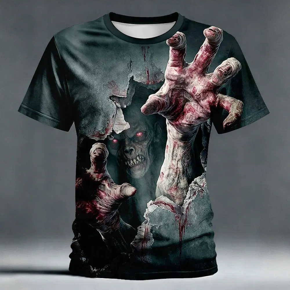 Halloween Men's Skull Optical Illusion 3D TShirt Short Sleeve T shirt Halloween party costumes Crew Neck Shirt Horror Streetwear