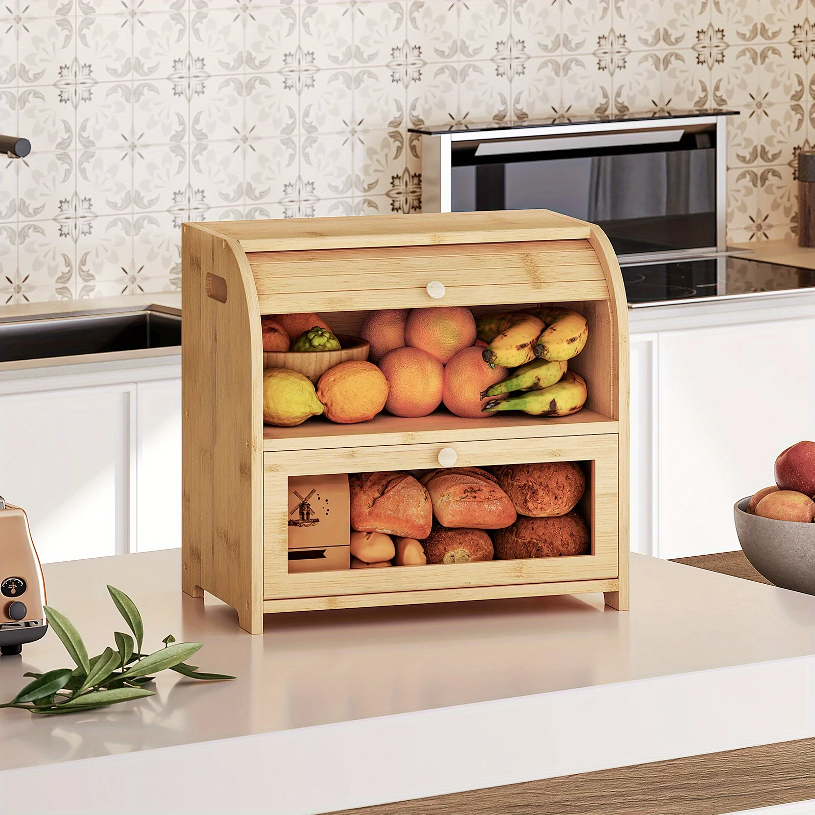

Natural Bamboo Bread Storage Container for Kitchen Surfaces, Featuring a Two-Tier Roll-Top Design, Ideal for Food Storage