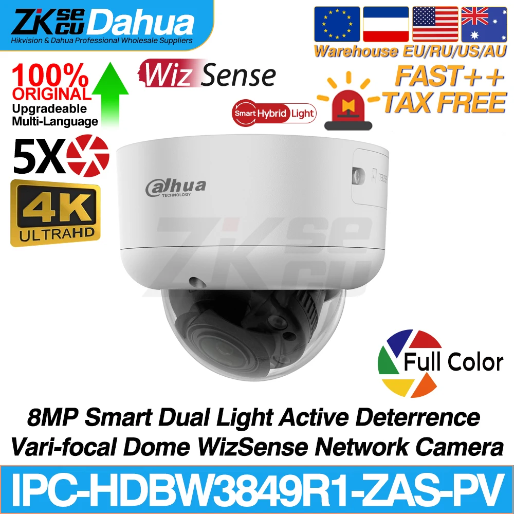 Dahua Original IPC-HDBW3849R1-ZAS-PV S5 8MP 4K 2.7-13.5mm Zoom Smart Dual Light Active Deterrence WizSense Network POE IP Camera