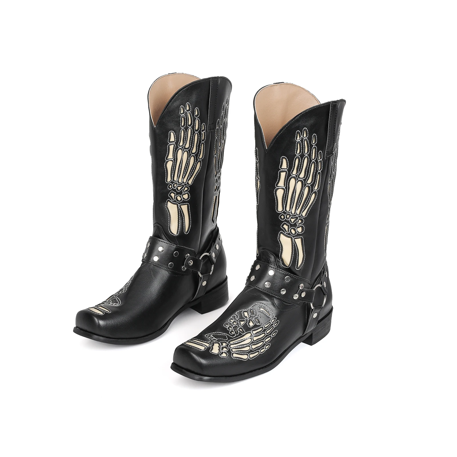 

Men'S Skeleton Embroidered Cowboy Boots Square Head Thick Bottom Western Boots Belt Buckle Rivet Knight Boots