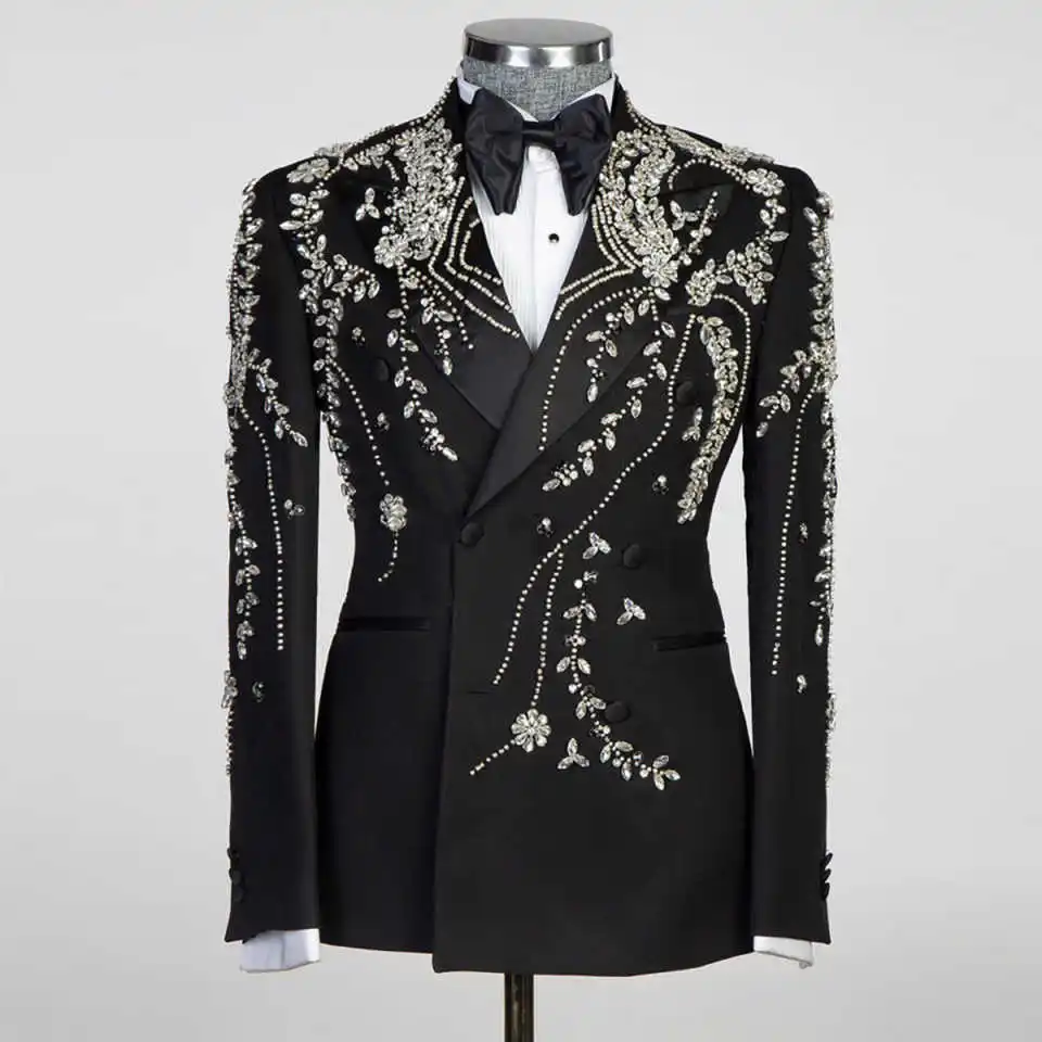 الفاخرة الرجال الدعاوى 2 قطعة مجموعة مزدوجة الصدر الماس بلورات الزفاف العريس سهرة الأعمال الخاصة مأدبة حفلة موسيقية مخصصة
