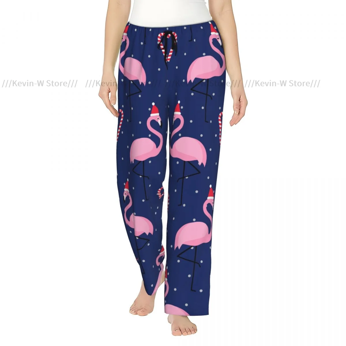 

Warm Flannel Sleep Pants for Women Flamingo In Xmas Hat Candy Cane Heart On Blue Polka Dots Pajama Bottoms with Elastic Waist