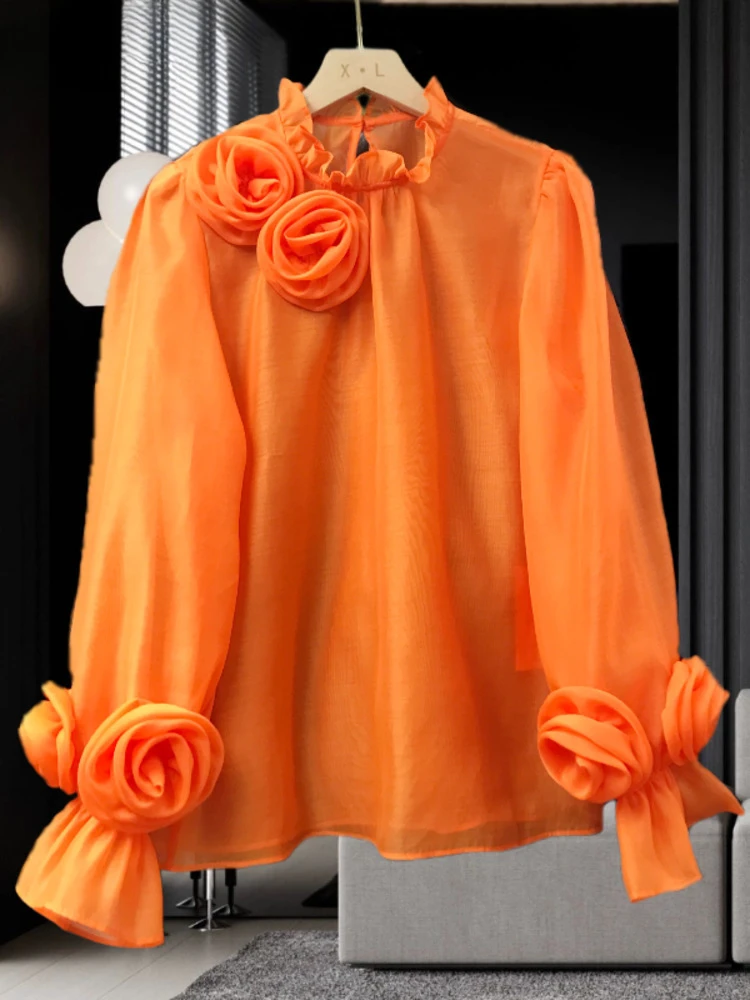 Three-dimensional Flower Stand Solid Color Chic Design Sweet Style And Youth Woman Blouses Spring Summer 2024 New