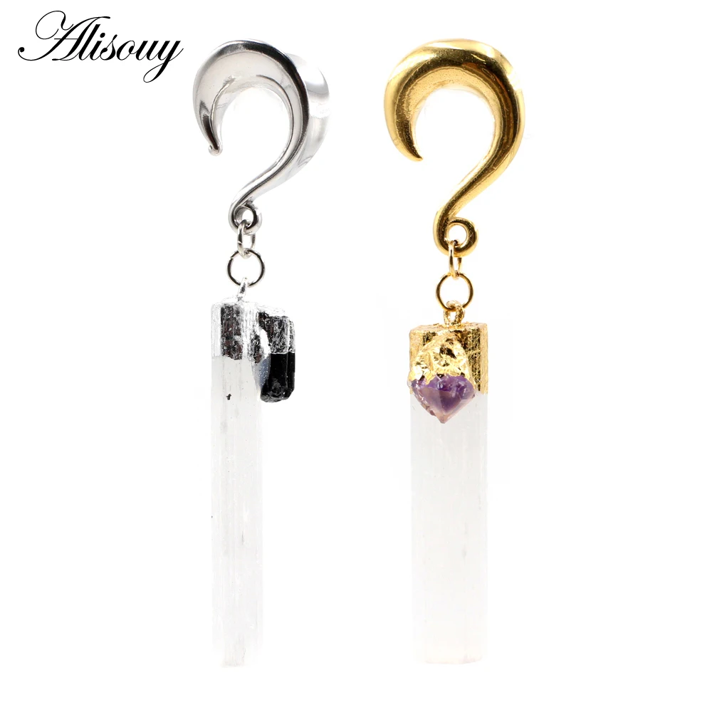 Alisouy 1pc Stainless Steel Wide Ear Weight Hook Natural Stone Dangle Ear Plug Tunnels Expander Stretchers Piercing Body Jewelry