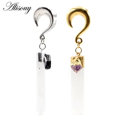 Alisouy 1pc Stainless Steel Wide Ear Weight Hook Natural Stone Dangle Ear Plug Tunnels Expander Stretchers Piercing Body Jewelry