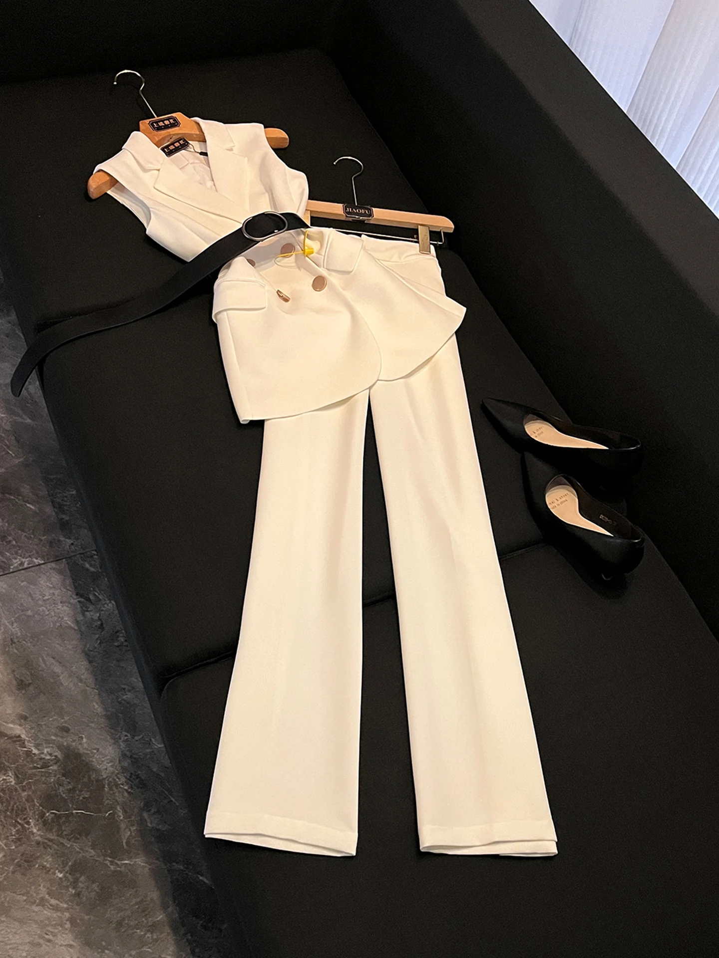 

Ele White Suiting Vest Брюки Комплект с поясом Profional Small Fraance Sle Женская осенняя коллекция Faion OK29