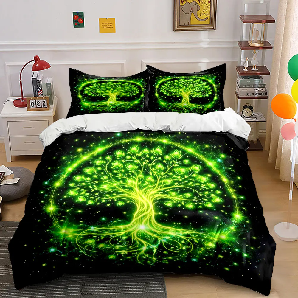 Glowing Green Tree of Life Pattern Duvet Cover Set Digital Print Colorful Polyester Bedding with Zipper Closur for kids gifts
