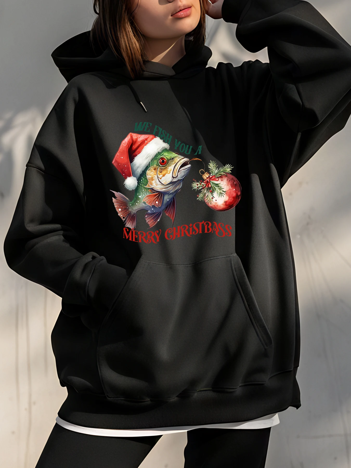 

Рождественская толстовка с капюшоном в виде рыбы, шляпа Санта-Клауса, Рождественский шар с принтом, унисекс, повседневная толстовка, праздничный подарок для мужчин и женщин