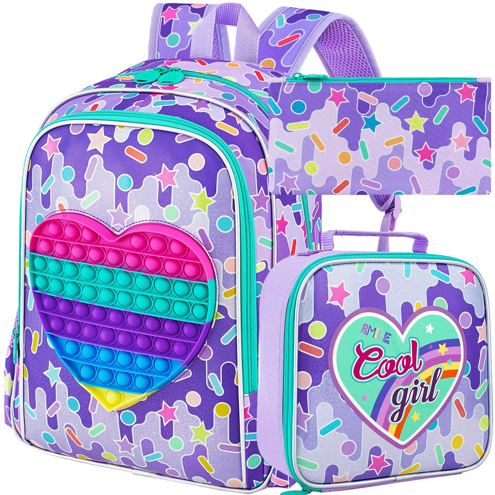 

3PCS Backpack for Girls, 16”Kids Water Resistant Elementary Preschool Kindergarten School Bookbag with Lunch Box - Purple