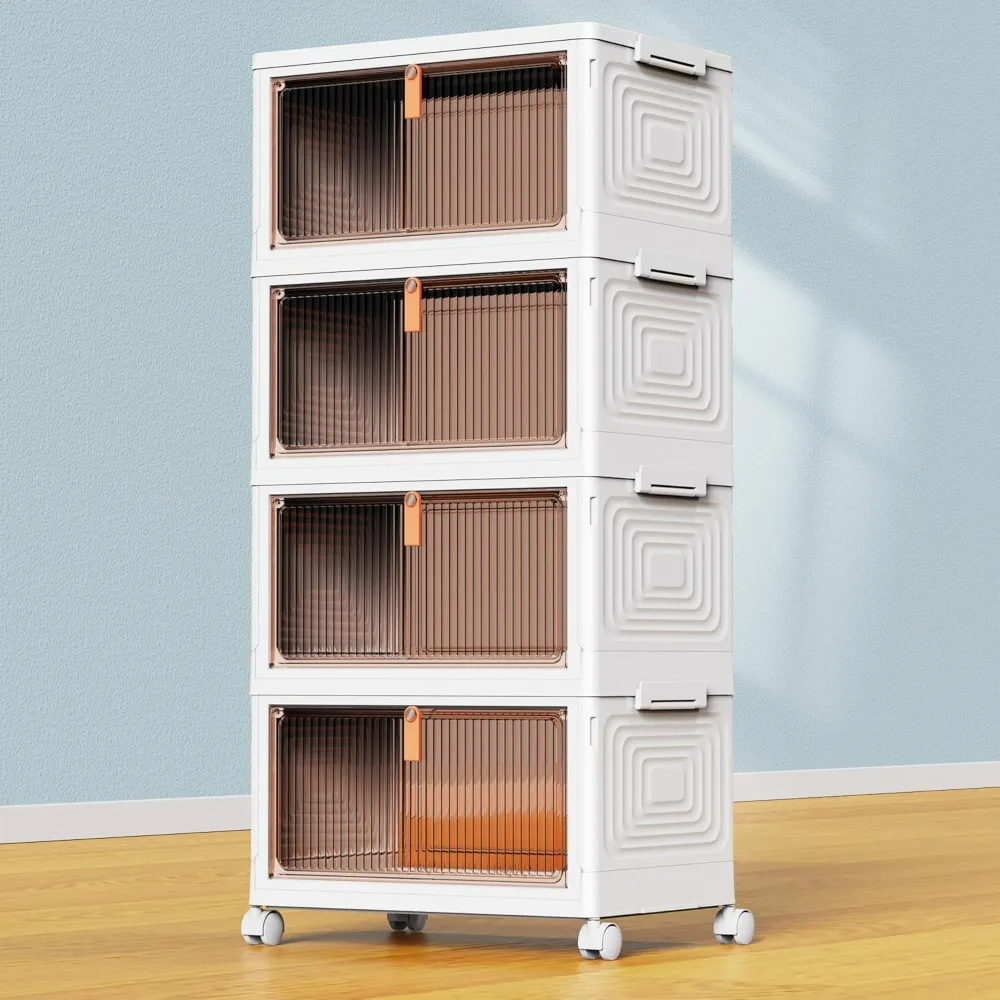 

4 Tier Plastic Storage Bins with Lid 23QT, Stackable Storage Containers with Wheels, Folding Storage Boxes, Stackable Bi