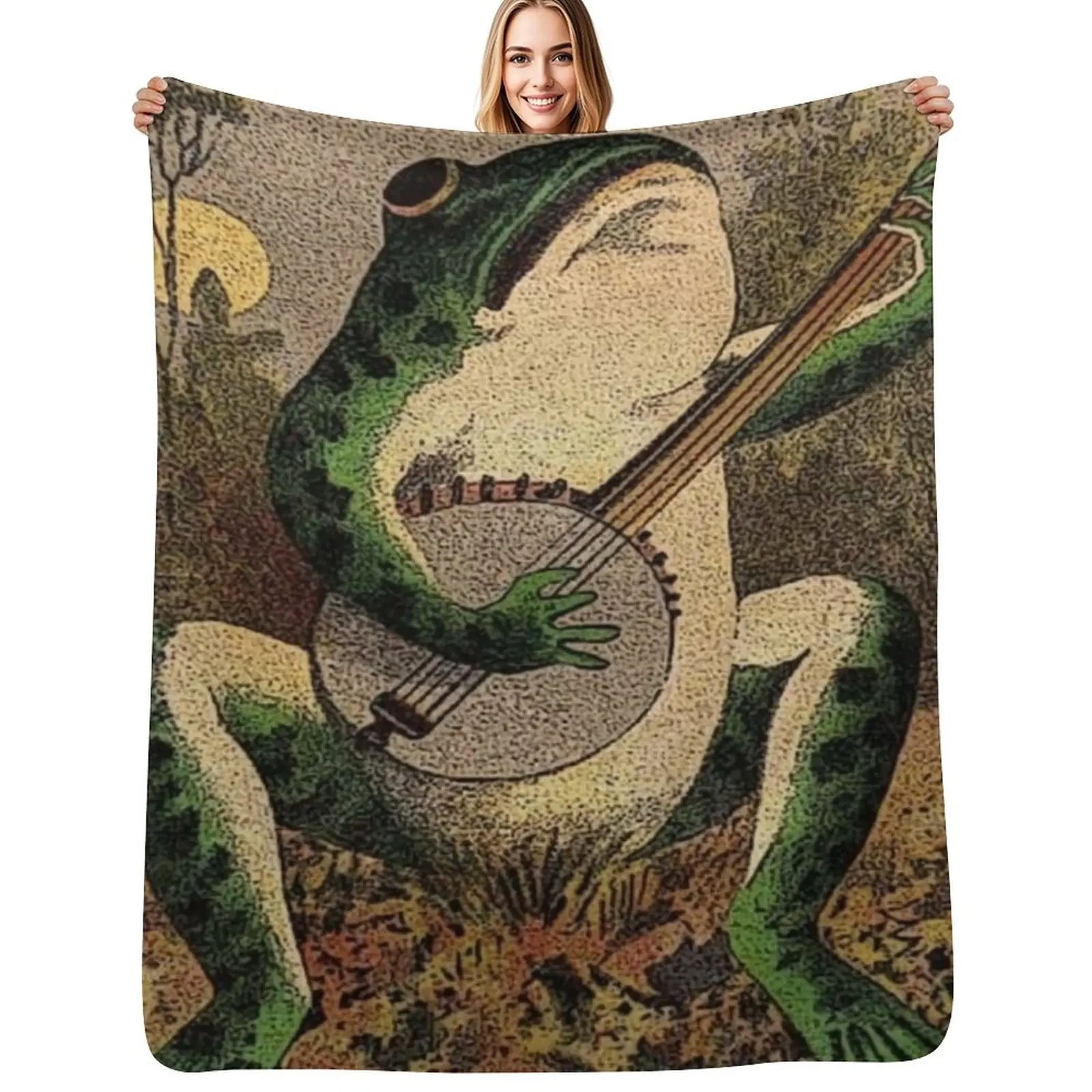 The Frog Playing Guitar Banjo Throw Blanket Reusable Durable Soft Blanket for All Seasons