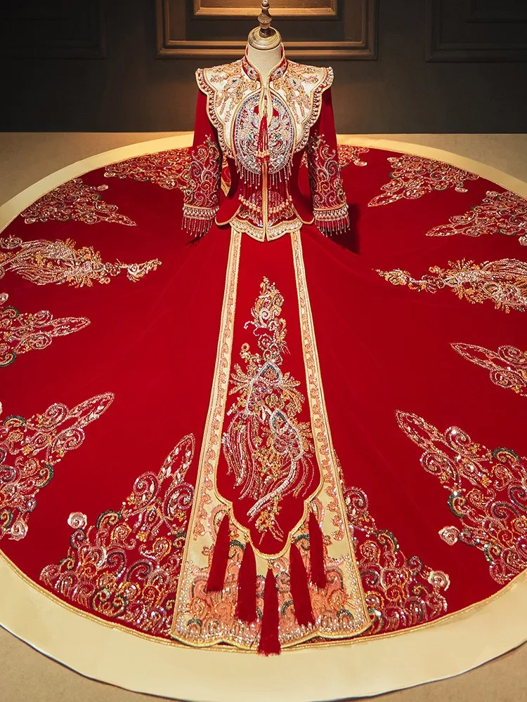 

Luxurious velvet dress new Chinese-style wedding dragon and phoenix gown bride's toasting