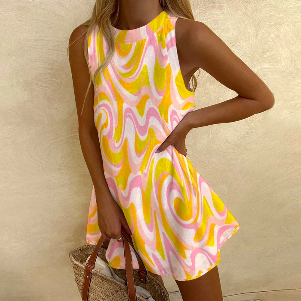 Women\'s Luxury Sleeveless Dress Gold Wave Print Casual Dress Campus Comfortable Soft Skirt Bohemian Beachwear High Quality