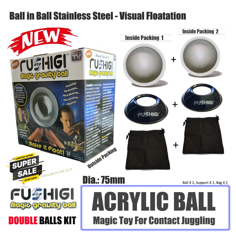 Clear Acrylic & Metal Contact FushigiBall 75 mm - 2.95 Inch Magic Gravity Juggling Toys Packed With Protective Bag