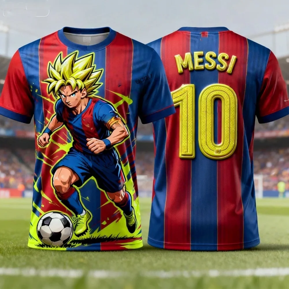 Dragon Ball Goku X Messi # 10 Fußballtrikots, gestreiftes Anime-Fußball-T-Shirt von Barca, schnell trocknendes Oberteil für Männer, Frauen, Kinder – Detail 3