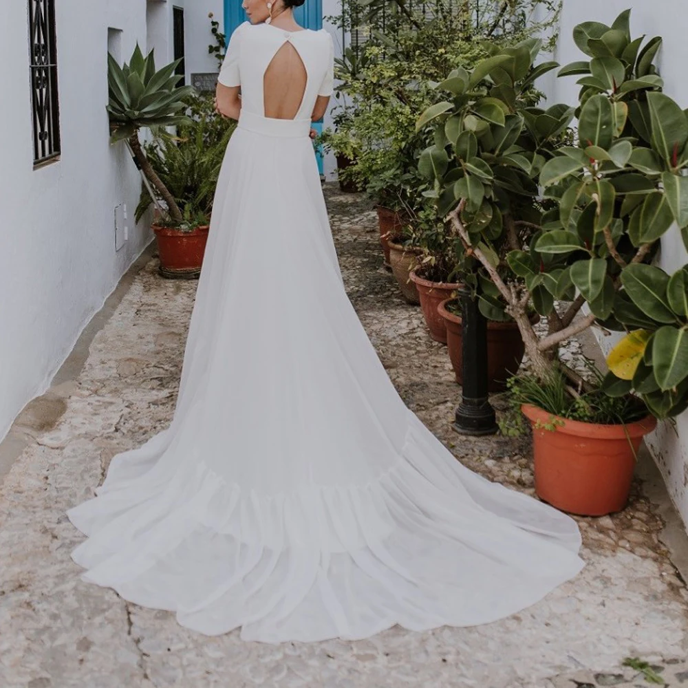 Customized Elegant Square Neck Short Sleeve Wedding Dress with Detachable Train Front Split Mermaid Vestidos de novia