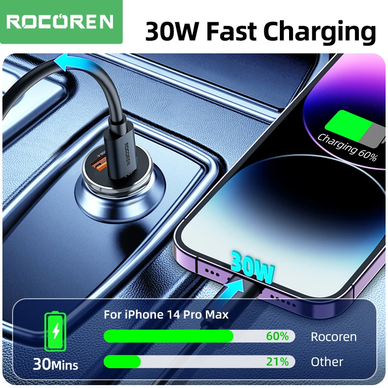 Rocoren 30W Car Charger USB Type C Quick Charge QC PD Fast Charging Charger Adapter For iPhone 14 Pro Max 13 Samsung Xiaomi Poco