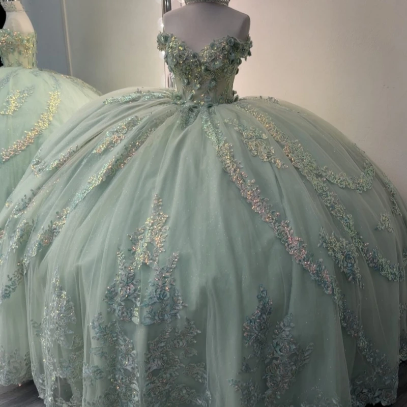 

Зеленые блестящие платья Quinceanera с открытыми плечами, аппликация, цветок, бисер, кристалл, тюль, вечерние, день рождения, милое платье 16, Vestidos 15