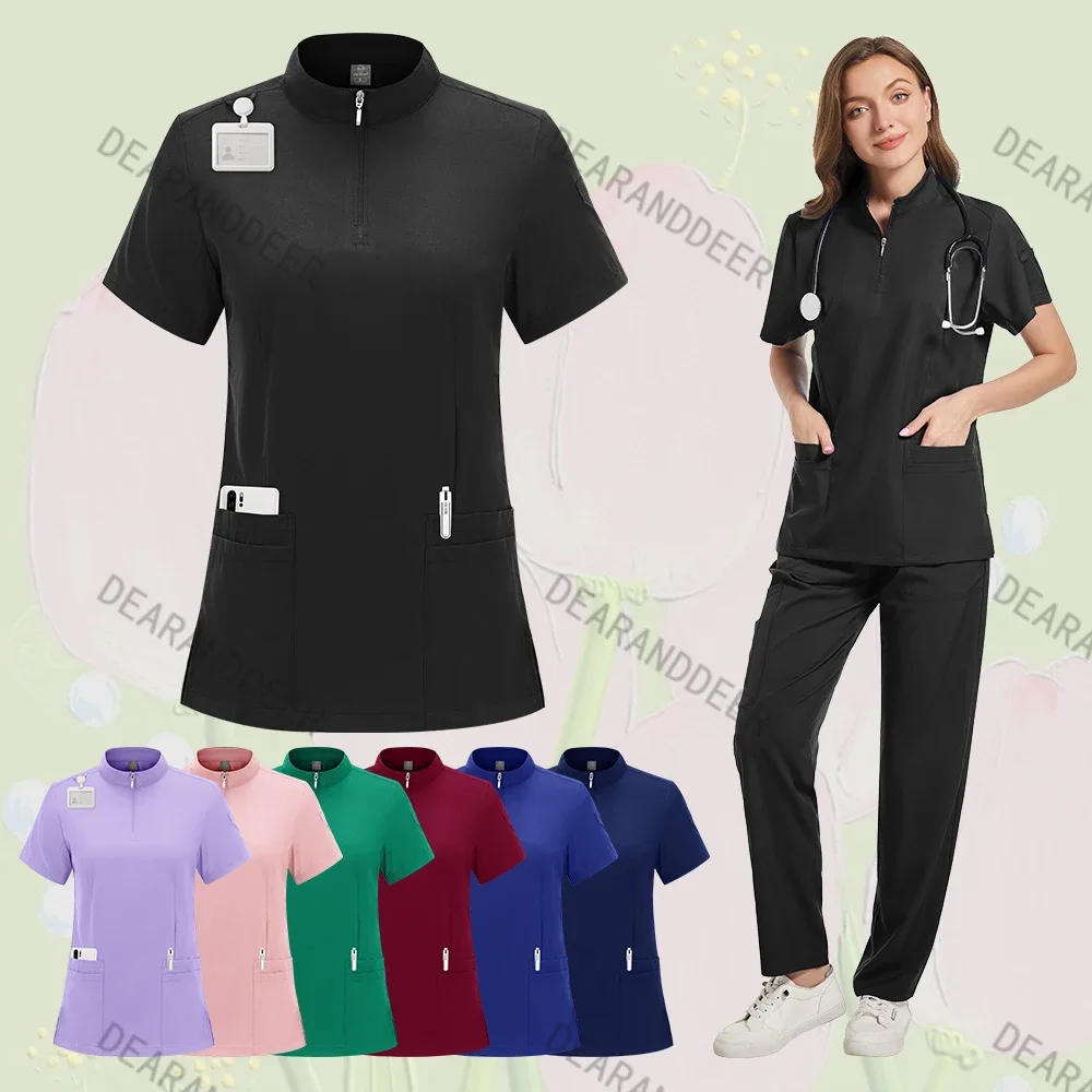 Doctor nurse medical uniform set comfortable breathable fashion fitted short sleeve zipper high collar shirt sports pants