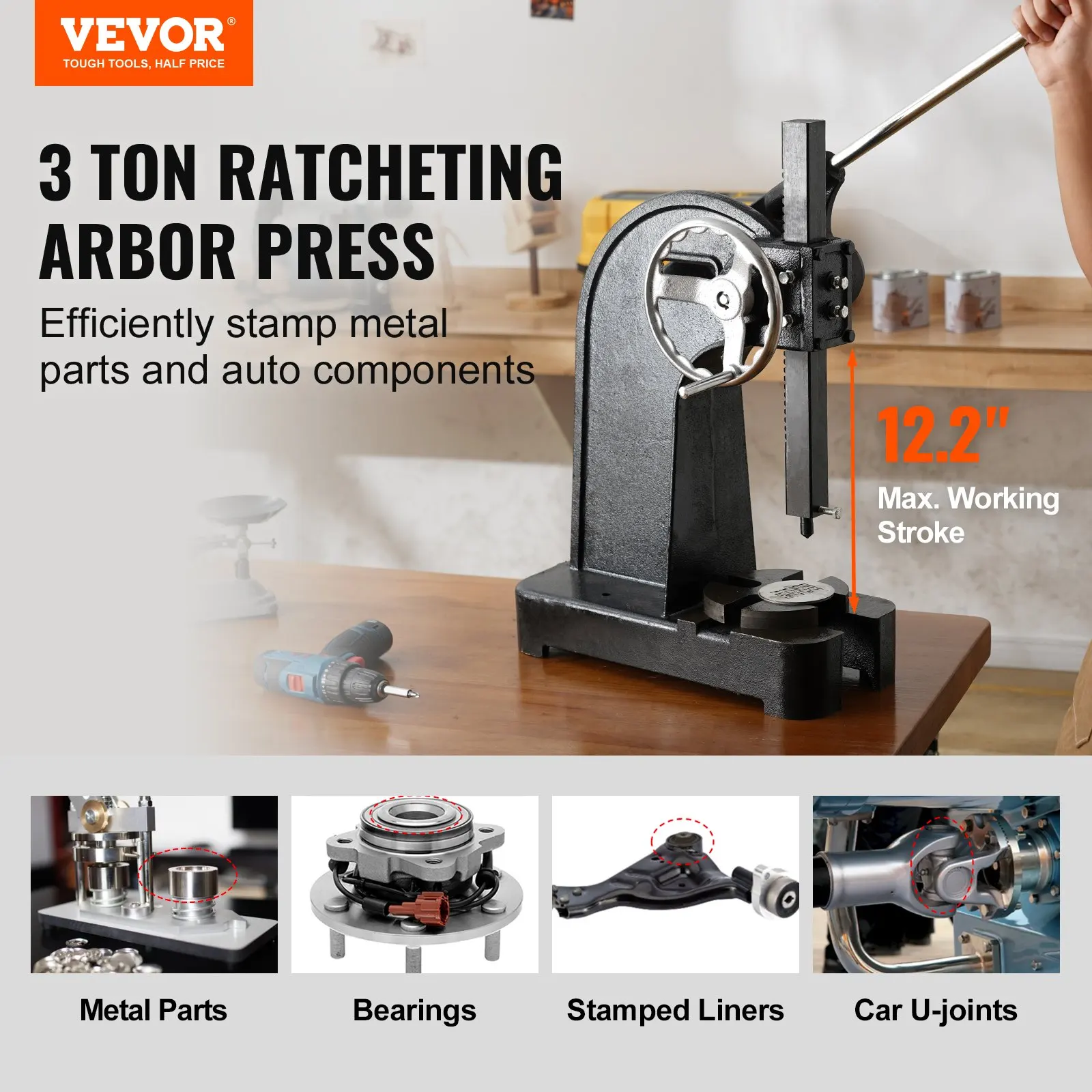 

Arbor Press, 3 Ton Ratchet Type Arbor Press, Ratchet Leverage Arbor Press With Handwheel, 12.2" Maximum Height, Cast Iron