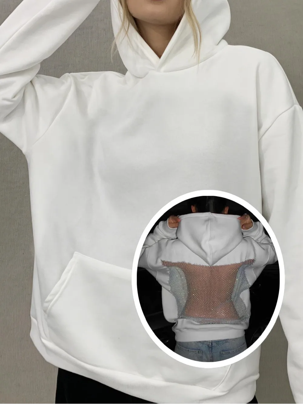 

2026 New Y2K American Mesh Hollow Hoodie White Back Perspective Loose Casual Street Trendy Fashion Versatile Small Cap Hoodie