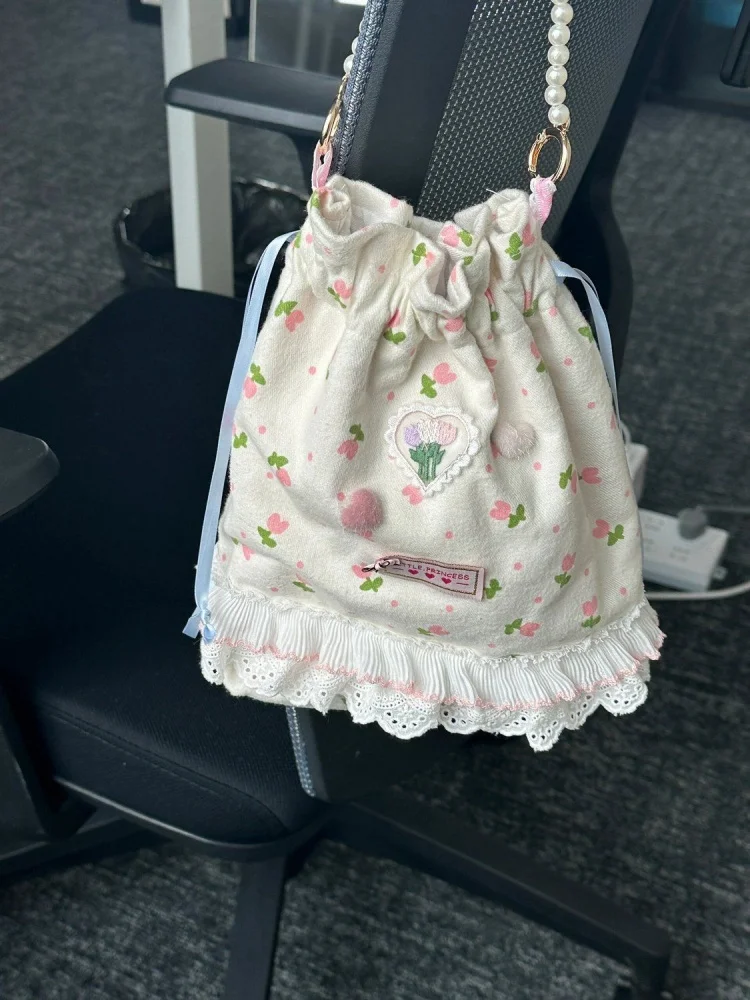 Korean Sweet Lace Floral Pearl Drawstring Handbag Bags 2024 Women Commute Bucket  Bag