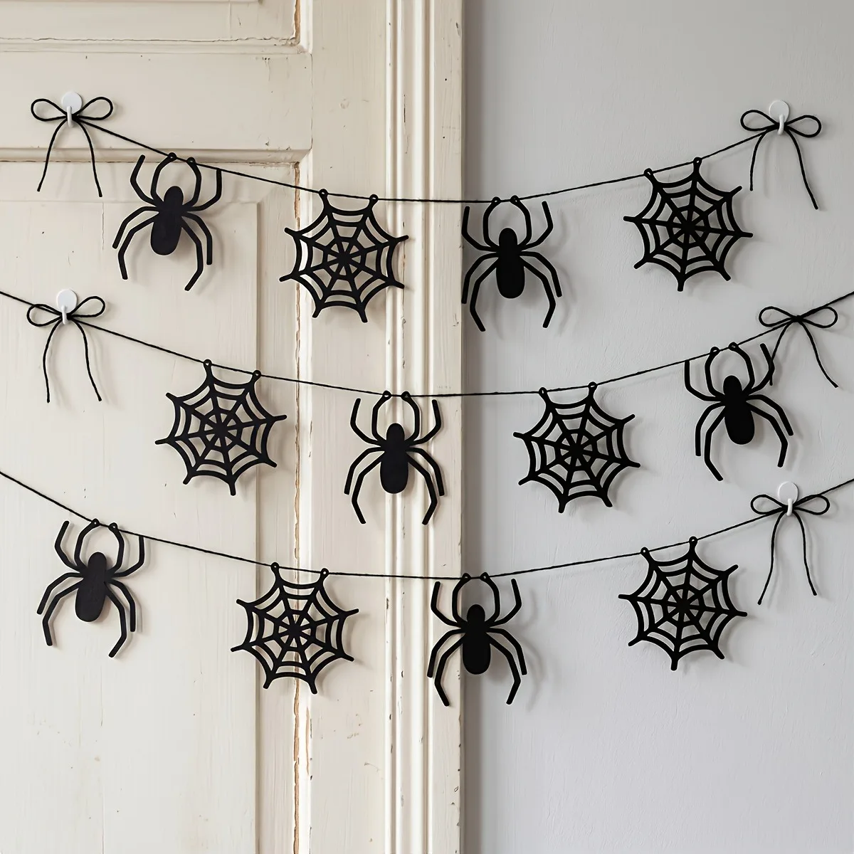 2 sets of Halloween spider web banner garlands, Halloween party home fireplace hanging decorations, "trick or treat if no candy" - view 2