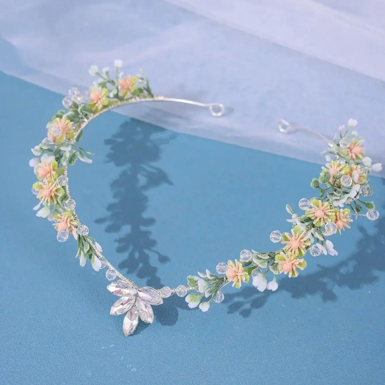 Elegant Green Leaf Pearl Rhinestone Bridal Headband, Boho Floral Wedding Hair Crown for Bride Bridesmaid Prom Garden Party image 3