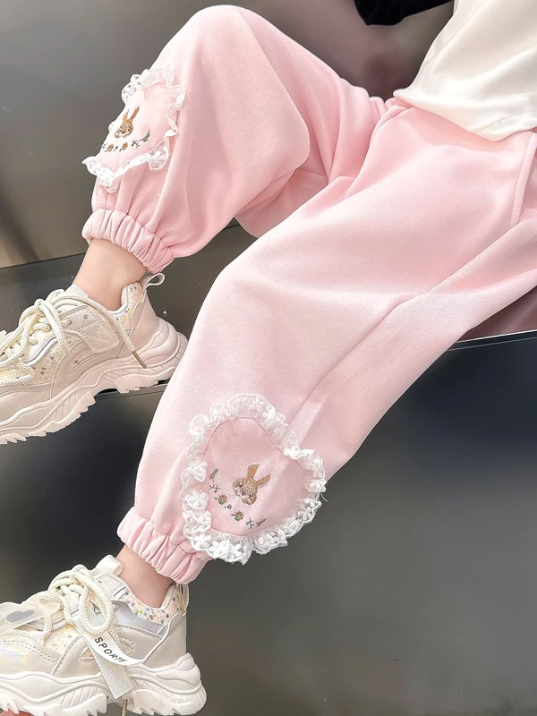 

Spring Autumn Girl's Sporty Casual Trousers with Ruffle Heart Design Children's Fashion Outerwear High Waist Long Pants