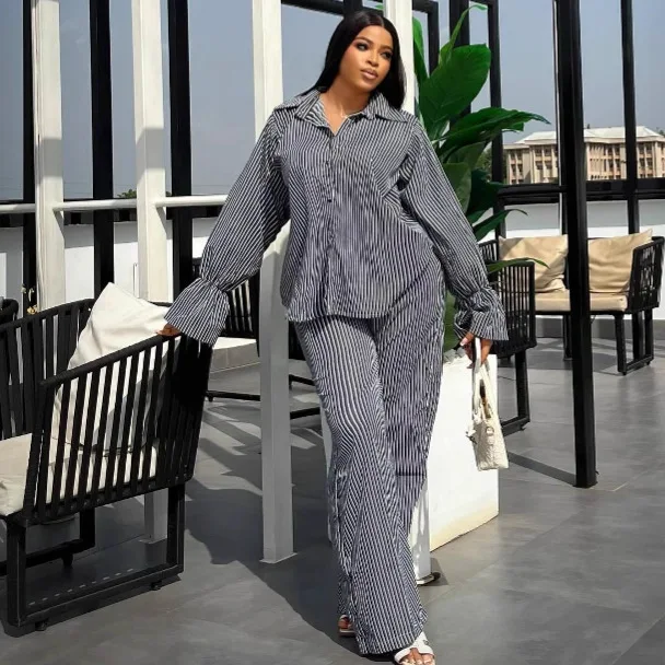 

Women's New Long Sleeve Striped Single breasted Flare Sleeve Shirt Wide Leg Pants Two Piece Set Versatile Elegant Comfort Outfit