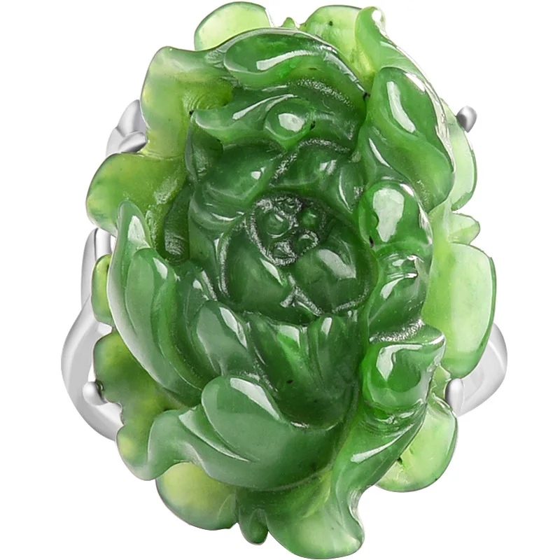 

A Green Natural Hetian Jade Flower Rings Gifts for Women Stone 925 Silver Vintage Charm Amulet Designer Carved Gemstone